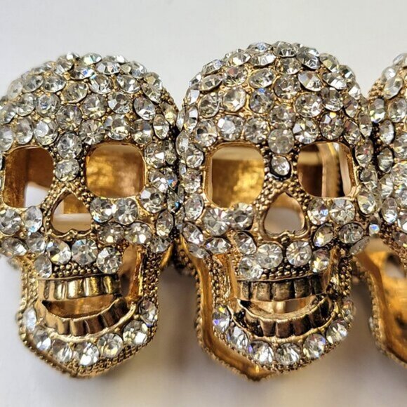 Gold Crystal Skull Bracelet Stretchy Skull Bracelet Halloween Bracelet - Picture 3 of 8